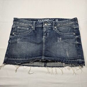 Y2k‎ Guess Jeans Denim Mini Skirt Womens 28 Distressed Raw Hem Low Rise